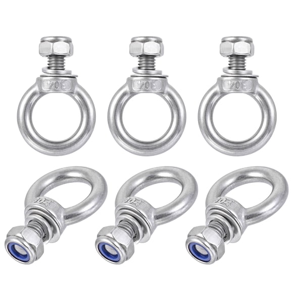 Unique Bargains Lifting Eye Bolt M10 x 18mm Male Thread with Hex Screw Nut Gasket for Hanging, Stainless Steel, 6 Sets