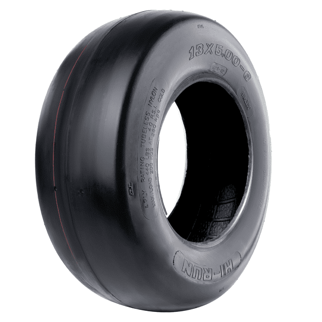 Hi-Run SU19 Front Zero Turn Mower 13X5.00-6 4PR Lawn & Garden Tire shown in 3/4 profile with smooth slick rounded-shoulder tread, wide 5-inch footprint on 3.5-inch rim, heavy-duty 4-ply tubeless build supporting 440 lb at 40 psi, designed for zero lawn marking, ultra-low rolling resistance, and stable front caster use on zero-turn mowers.