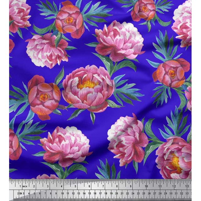 Soimoi Blue Silk Fabric Leaves & Floral Decor Fabric Printed BTY 42 Inch Wide