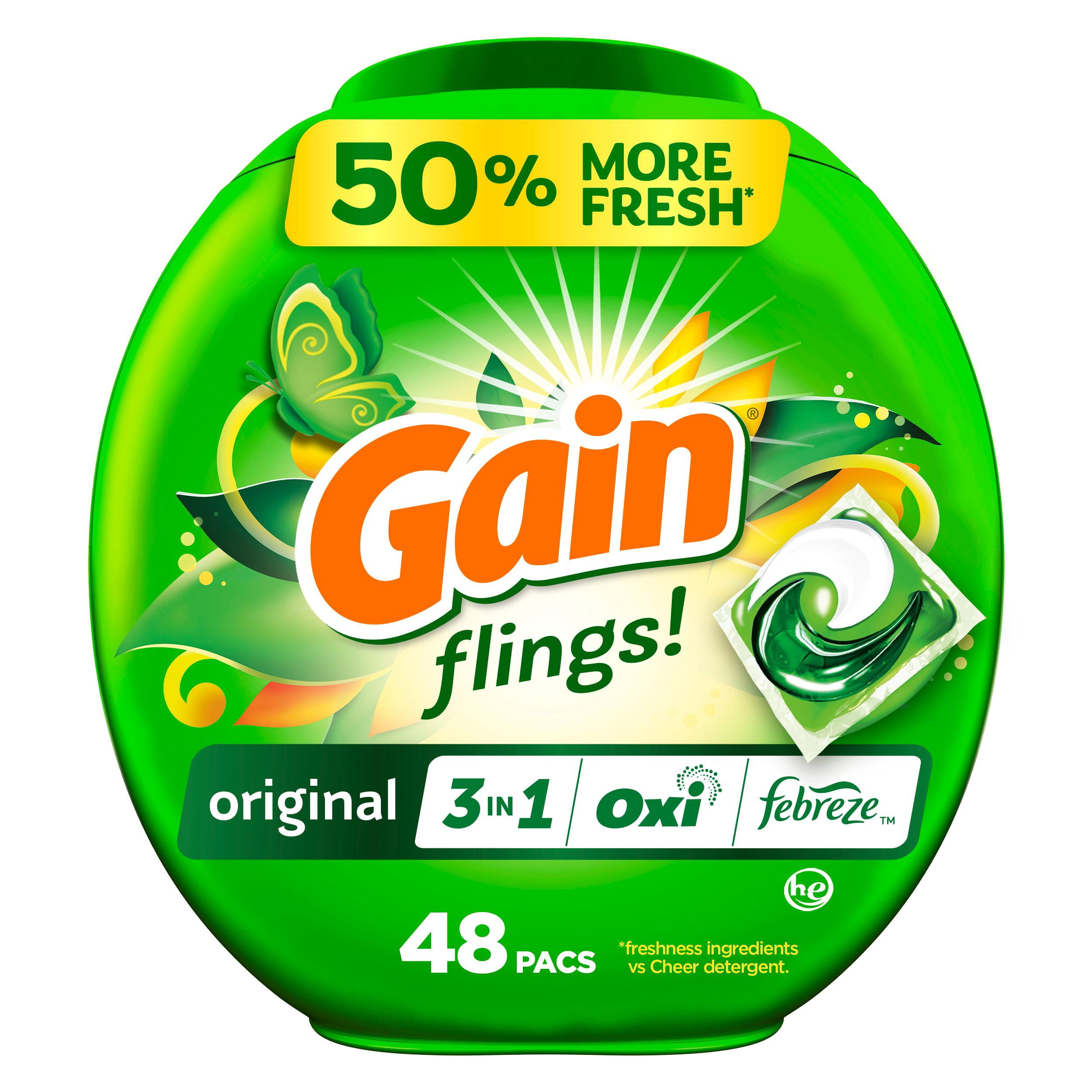 Gain Flings Laundry Detergent Pacs, 48 Count, Original Scent, with Odour Defense, concentrated laundry soap pacs