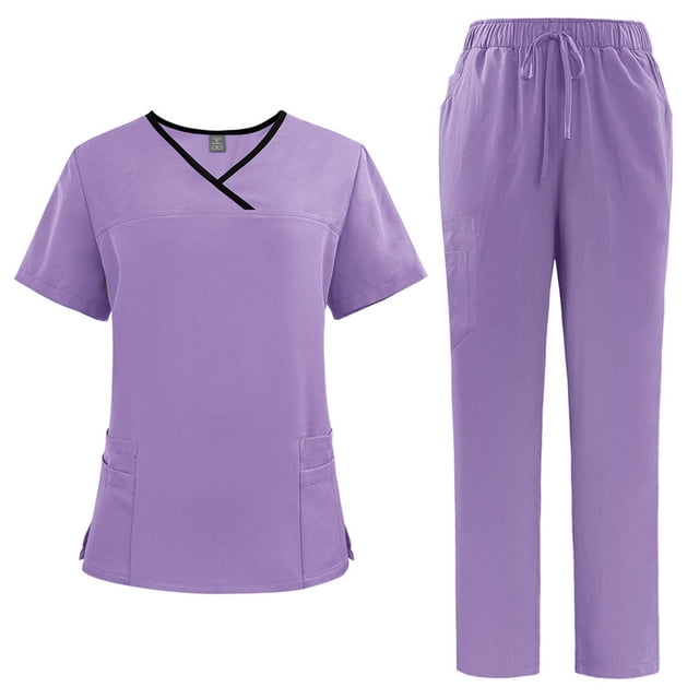 Ensemble de Sarrau Jogger 2 Pcs pour Femmes, Uniformes d'Infirmière Classiques et Tendance, Hauts à Manches Courtes à Encolure Croisée et Pantalons, Uniforme Médical, Violet, G
