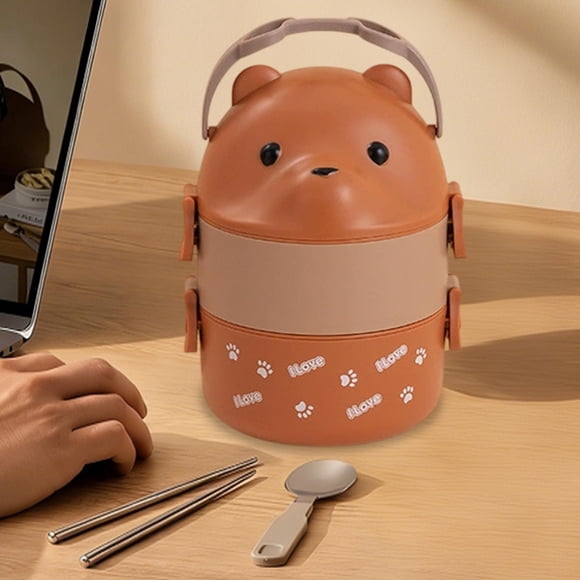 Glasses Bear Lunch Box Set,Double Layer Divided Bento Storage Container,Microwave Safe Leakproof Meal Box,Portable Student Office Lunch Carrier,Large Capacity Cutlery Handle Lunch Kit