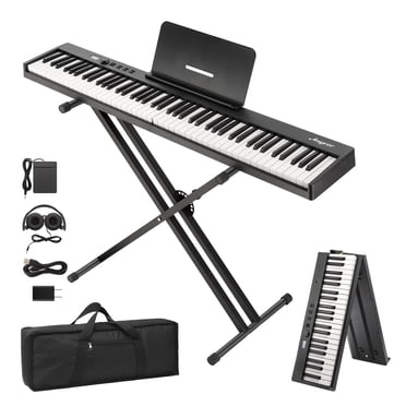 BeesClover Piano Clavier Électrique Portable à 88 Touches Pleine Grandeur Semi-Lesté Piano Numérique Pliant avec Support, Pédale et Écouteurs, Sac