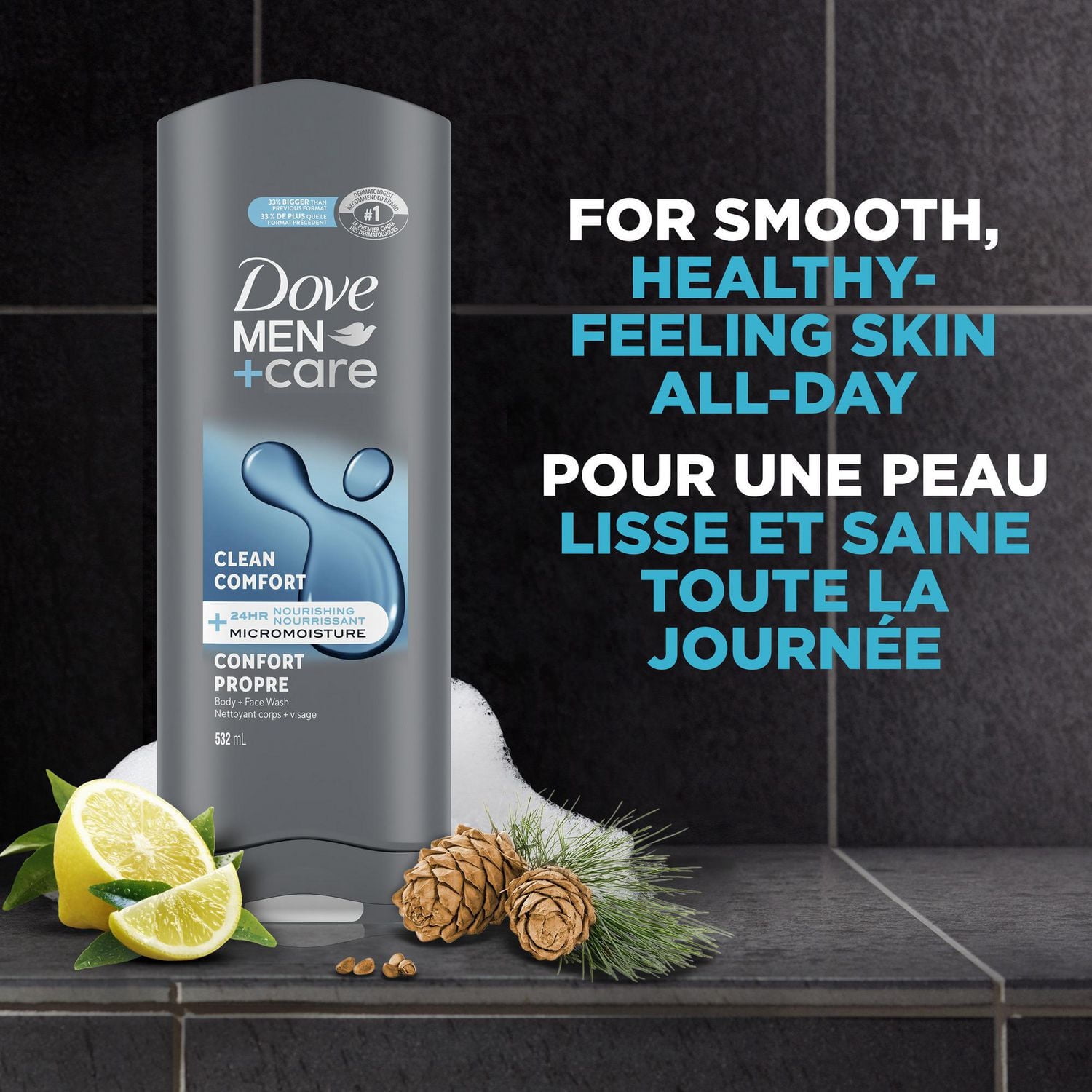 Dove Men+Care Nettoyant Corps et Visage Confort Propre Nourrissant 24 H, 532 ml