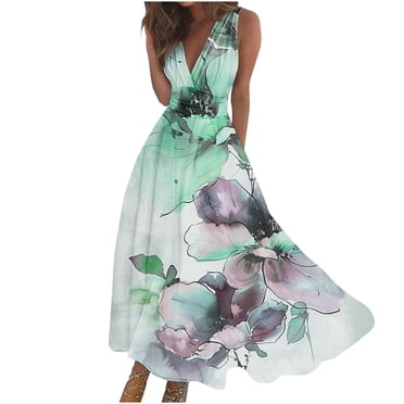 RKSTN Robes d'Invitée de Mariage pour Femmes Mode Décontractée Amples Grande Taille Évasées Robes d'Été Décontractées Bohèmes à Imprimé Floral Sans Manches à Col en V Poitrine Enveloppée Robes de Cocktail