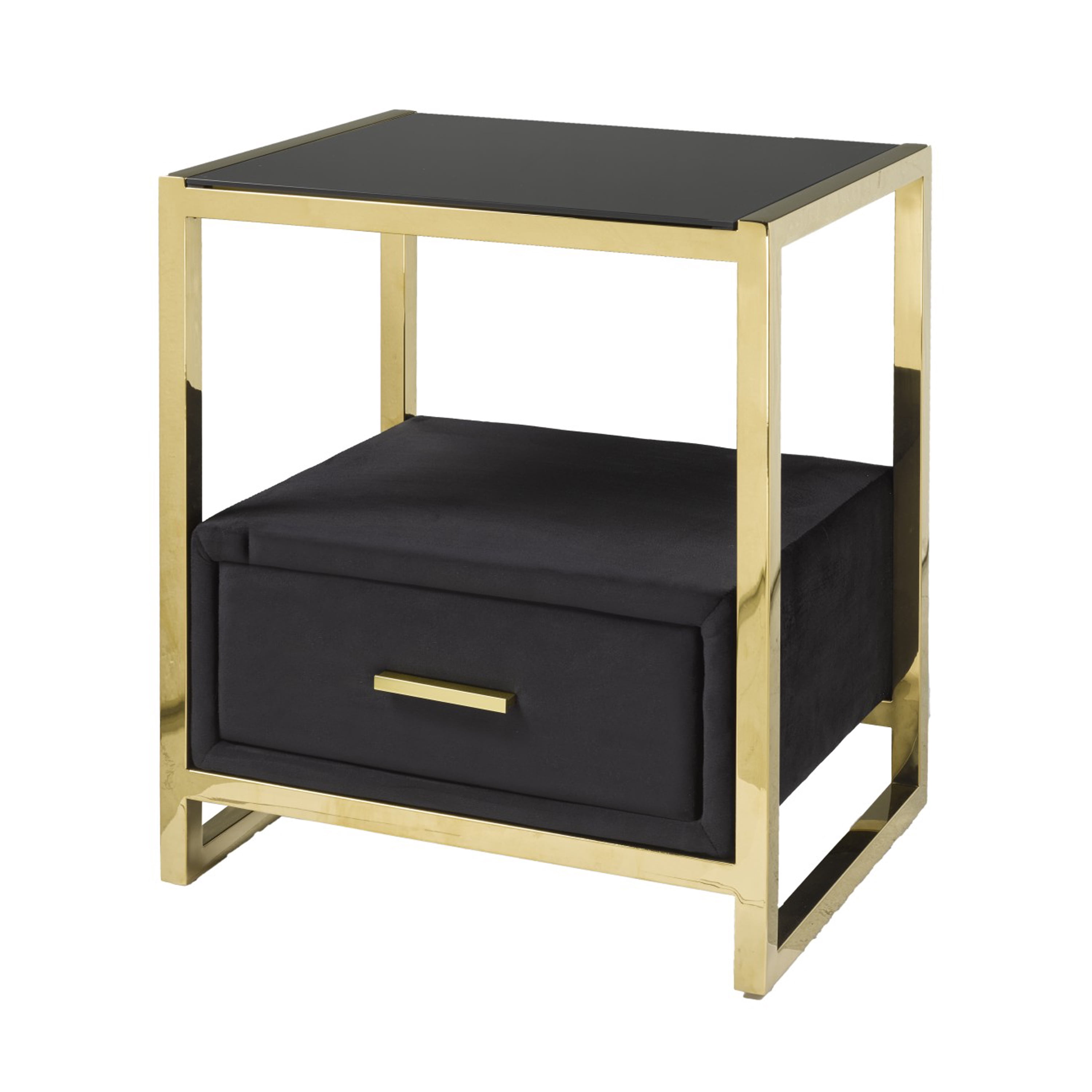 Brassex Adam Table de nuit moderne luxe pour chambre avec dessus en verre, tiroir rembourré et structure en métal doré, noir/or