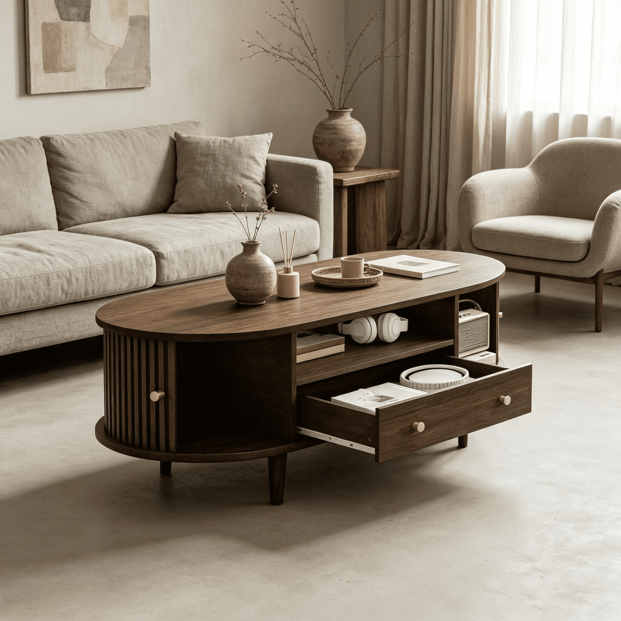 Homy Casa table basse ovale noyer avec tiroir, tablette ouverte et portes tambour pour le salon