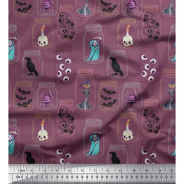 Soimoi Rayon Fabric Ghost,Skull & Witch Halloween Decor Fabric Printed Yard 42 Inch Wide