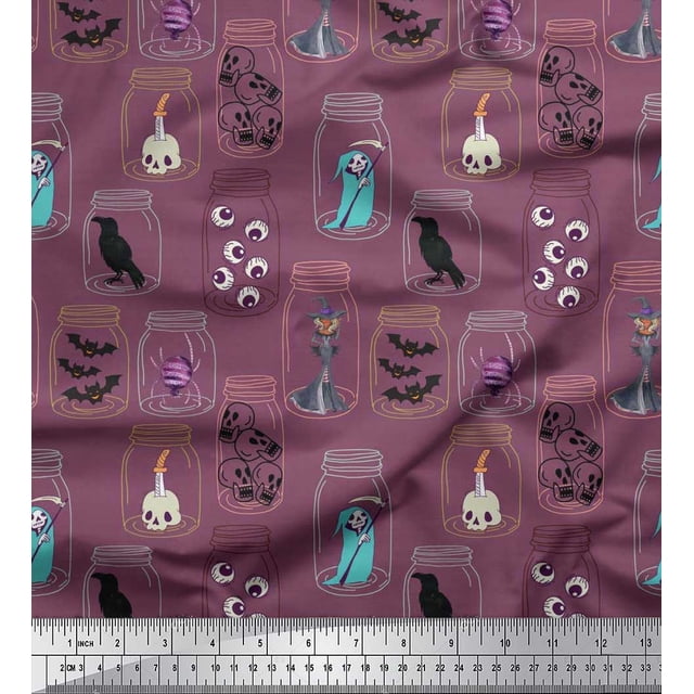 Soimoi Polyester Crepe Fabric Ghost,Skull & Witch Halloween Print Fabric by Yard 52 Inch Wide