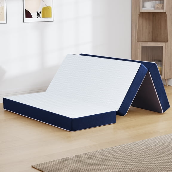 GELBIY Queen Folding Mattress, 6 Inch Tri Fold Memory Foam Mattress with Washable Cover, Foldable Mattress Topper with Non Slip Bottom, Pressure Relief, 78"X 58"X 6", Blue