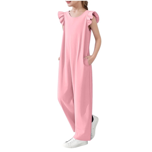 lcziwo Combinaison Ample à Jambes Larges pour Filles, Enfants, Décontractée, Manches Cap, Col Rond, Long Combi-Short, Grenouillère d'Été, Pantalon avec Poches, Rose, Ofertas Relampago de Hoy