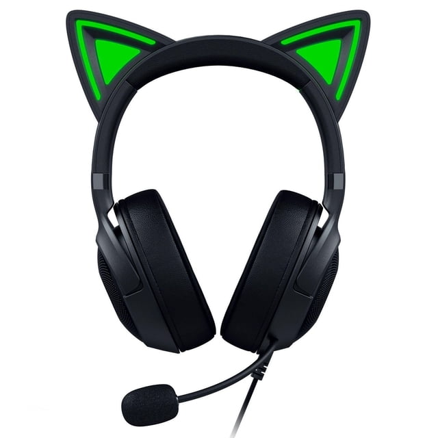 Razer Kraken Kitty V2 Casque de Jeu PC Filaire RGB avec Oreillettes Supra-Auriculaires Noires Coussinées, Oreilles Kitty Fixes Illuminées avec Éclairage Razer Chroma Vert, Serre-Tête Rembourré Ajustable et microphone à Perche à Isolation du Bruit pour une communication Claire.