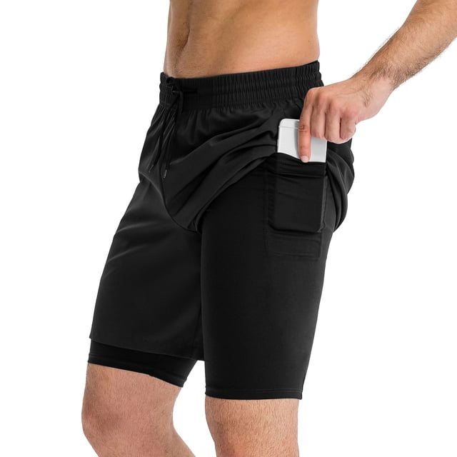 TFixol Men's High-Performance Double-Layer Training Shorts - Quick-Dry, Stretch Fit for Basketball & Running - Black, Size L (EU)