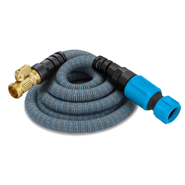 HydroTech 25 FT Expandable Hose coiled with a grey and blue woven fabric exterior, featuring a brass 3/4 inch connector and a blue plastic connector, lightweight and burst-proof for garden watering, irrigation, and suitable for car washing.