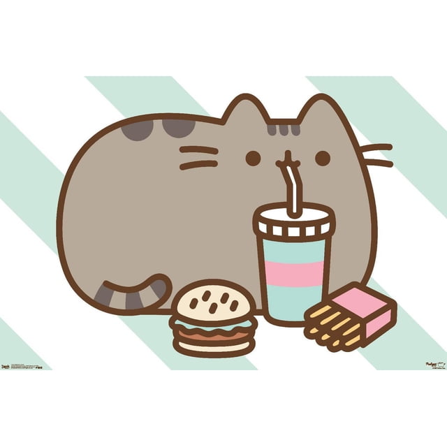 Pusheen - Affiche Murale de Nourriture, 14,725 Po x 22,375 Po Représentant un Chat Tigré Gris de Style Dessin Animé avec des Rayures Foncées, Sirotant une Tasse à Rayures Pastel avec une Paille, Accompagné d'Un hamburger et de Frites sur un Fond à Rayures Diagonales Vert Pâle et Blanc, Convient pour Décorer des Chambres Ou des Bureaux.
