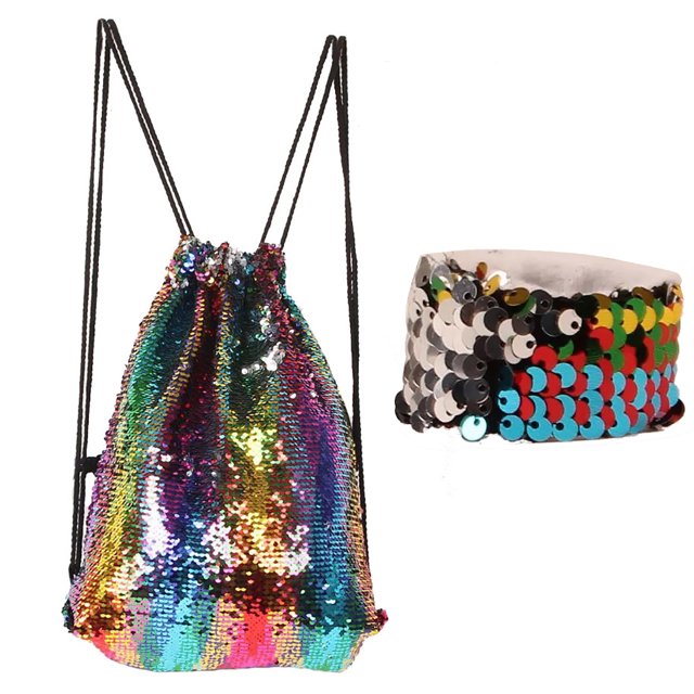 Bangcool Drawstring Backpack Fashion Sequin Drawstring Bag Drawstring Sack with Bracelet
