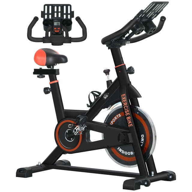 Soozier Adjustable Upright Stationary Exercise Bike in red and black with an LCD display. Features include a padded seat and handlebars, adjustable seat and handle height with 7 levels, and a resistance knob with an emergency stop function. The bike has a 17.6 lbs flywheel, pedals with toe cages, and a tray for holding water bottles and phones. The LCD screen tracks time, speed, distance, and calories burned. Constructed with steel and ABS materials, it measures 40.6 inches long, 20.9 inches wide, and 39.4 to 44.9 inches high. Suitable for home, office, or gym use.