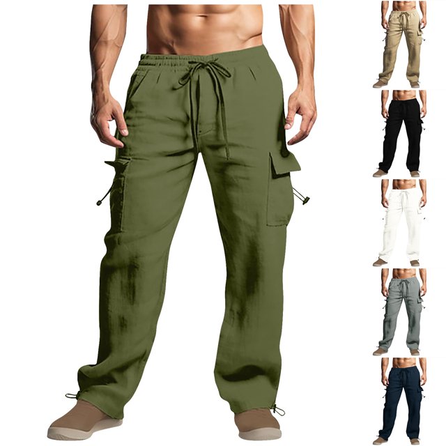 XZNGL Casual Pants for Men, Cotton Linen Blend Drawstring Elastic Waist Multi Pocket Cargo Style, Low Rise, Straight Leg, Breathable Summer Winter Wear