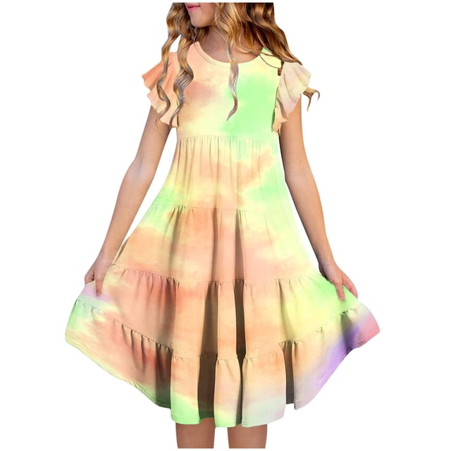 Robes d'Été pour Tout-Petites Filles à Double Couche, Manches Volantées, Coupe Évasée Fluide, Robe Soleil Décontractée Teinture sur Nœuds Midi pour Enfants 14-15 Ans