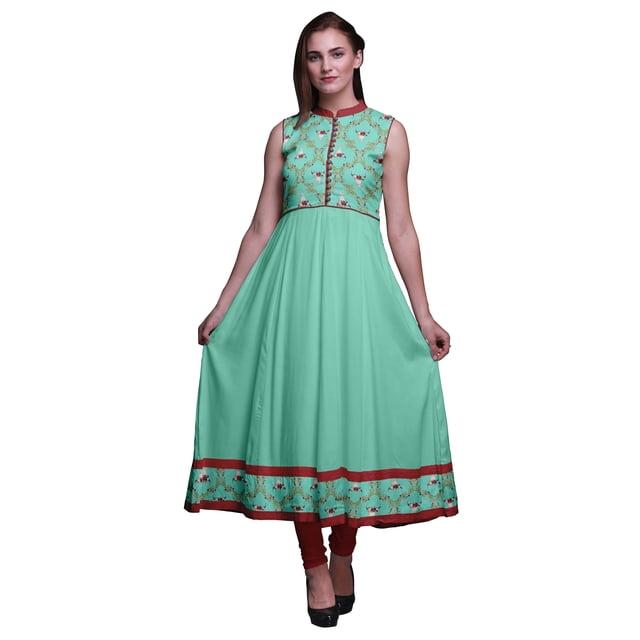 Bimba Robe Anarkali Damassée Vert Aigue-Marine Col Mandarin Sans Manches Kurtis pour Femmes Robe Maxi à Imprimé XXX-Large