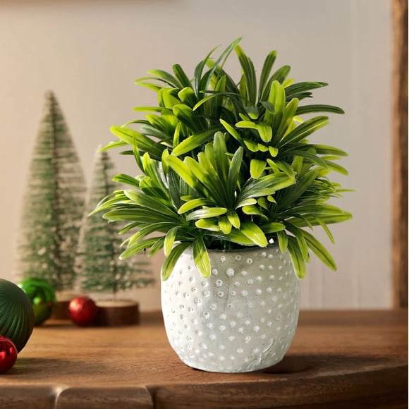 Simulated Small Fresh Bonsai Plant | Mini Lavender and Green Grass Decorative Ornament | Eco-Friendly Plastic with White Dotted Round Vase