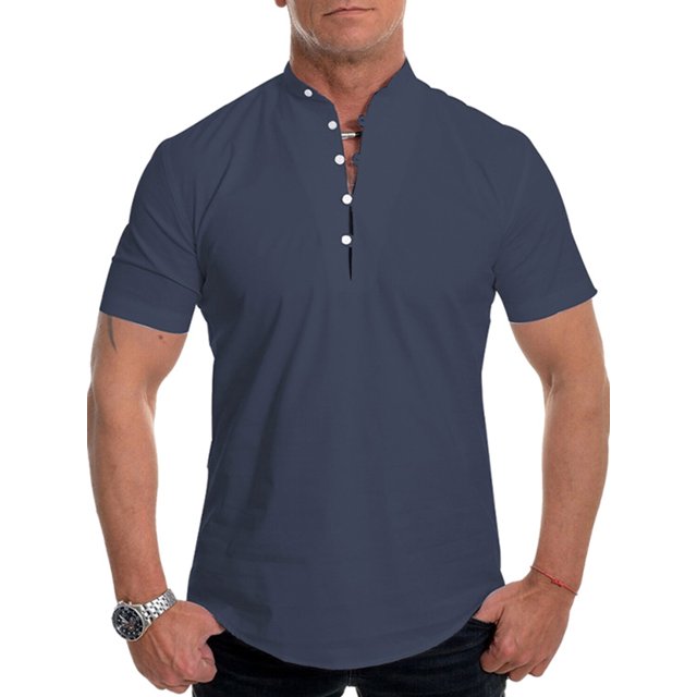 Bellella Mens Blouse Buttons T Shirts Short Sleeve Summer Tops Plain Henley Neck Basic Tee Men Pullover Deep Blue XL