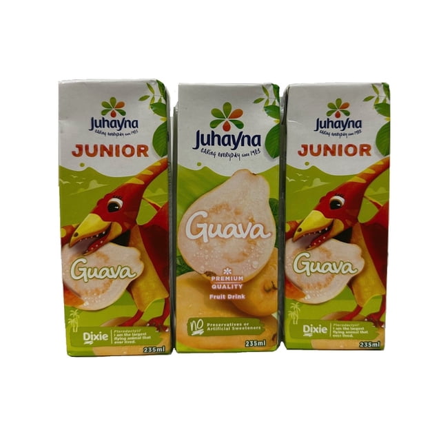 Juhayna Guava Drink Classics with three 235ml cartons of guava juice, including two Junior cartons featuring a red pterodactyl mascot and one premium quality fruit drink carton, all highlighting natural guava flavor without preservatives or artificial sweeteners.