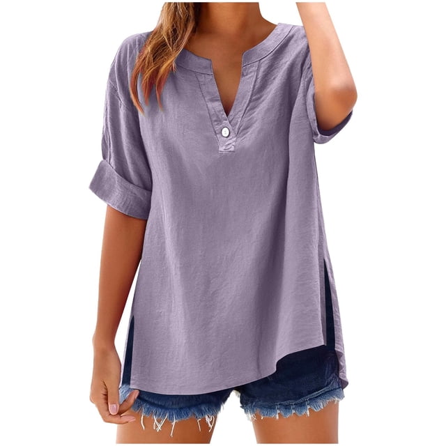 Timegard Plus Size Tops for Women Drop Shoulder V Neck Button 3/4 Sleeve Casual Loose Lightweight Blouse
