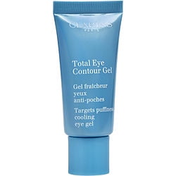 Clarins Total Eye Contour Gel in a 20ml/0.6oz blue tube with white text, an eye moisturizer designed to minimize puffiness and dark circles while strengthening eyelids. Contains soothing botanicals like apricot, cornflower, aloe, and gingko for a cooling effect. Ideal for skin care preparation before eye makeup application and long-lasting wear.