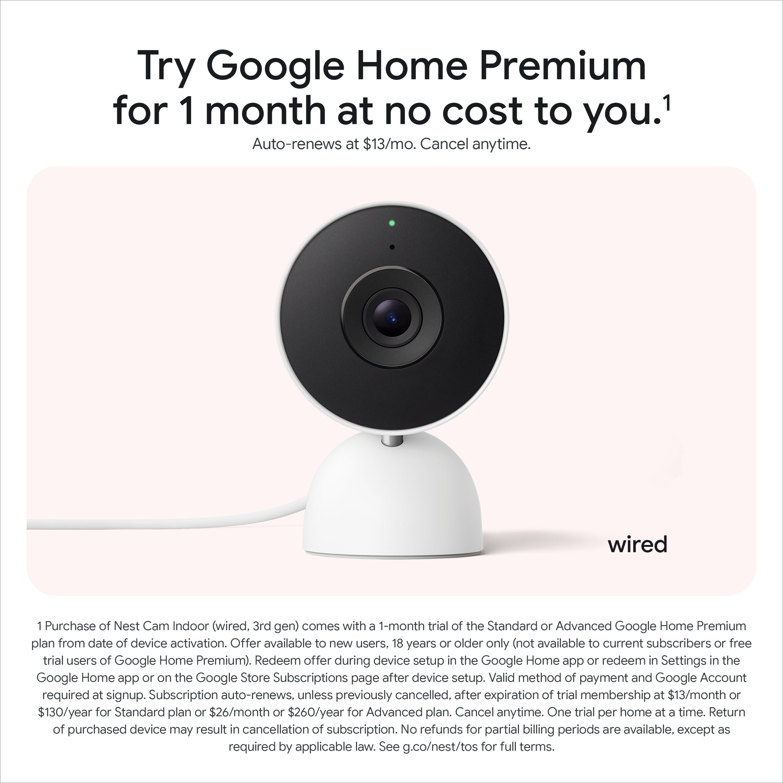 Google Nest Cam Indoor (Wired, 3rd Gen) - 2K Video and Gemini - Snow