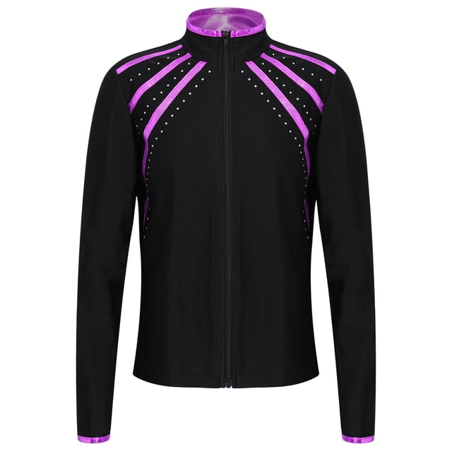 Doomiva Kids Girls Figure Skating Rhinestones Jackets Athletic Jacket Sweatshirts Ice Skating Gym Training Tops Purple 8