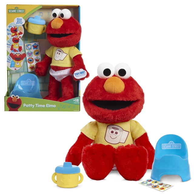 Sesame Street Potty Time Elmo 12-Inch sustainable plush stuffed animal with interactive sounds and phrases, wearing a yellow T-shirt with a toilet paper graphic and removable training pants, includes a blue Sesame Street play potty, yellow sippy cup, and sticker sheet, suitable for toddlers 18 months and up to support potty training.