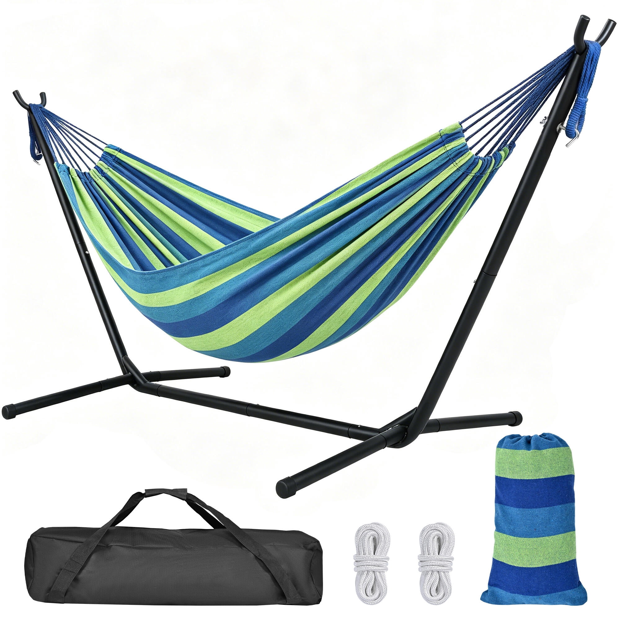 Hamac pour 2 Personnes avec Support de 9 Pi Inclus, Support de Hamac Robuste Gain de Place à Hauteur Réglable pour Patio Intérieur Extérieur, Capacité de 440 Lb