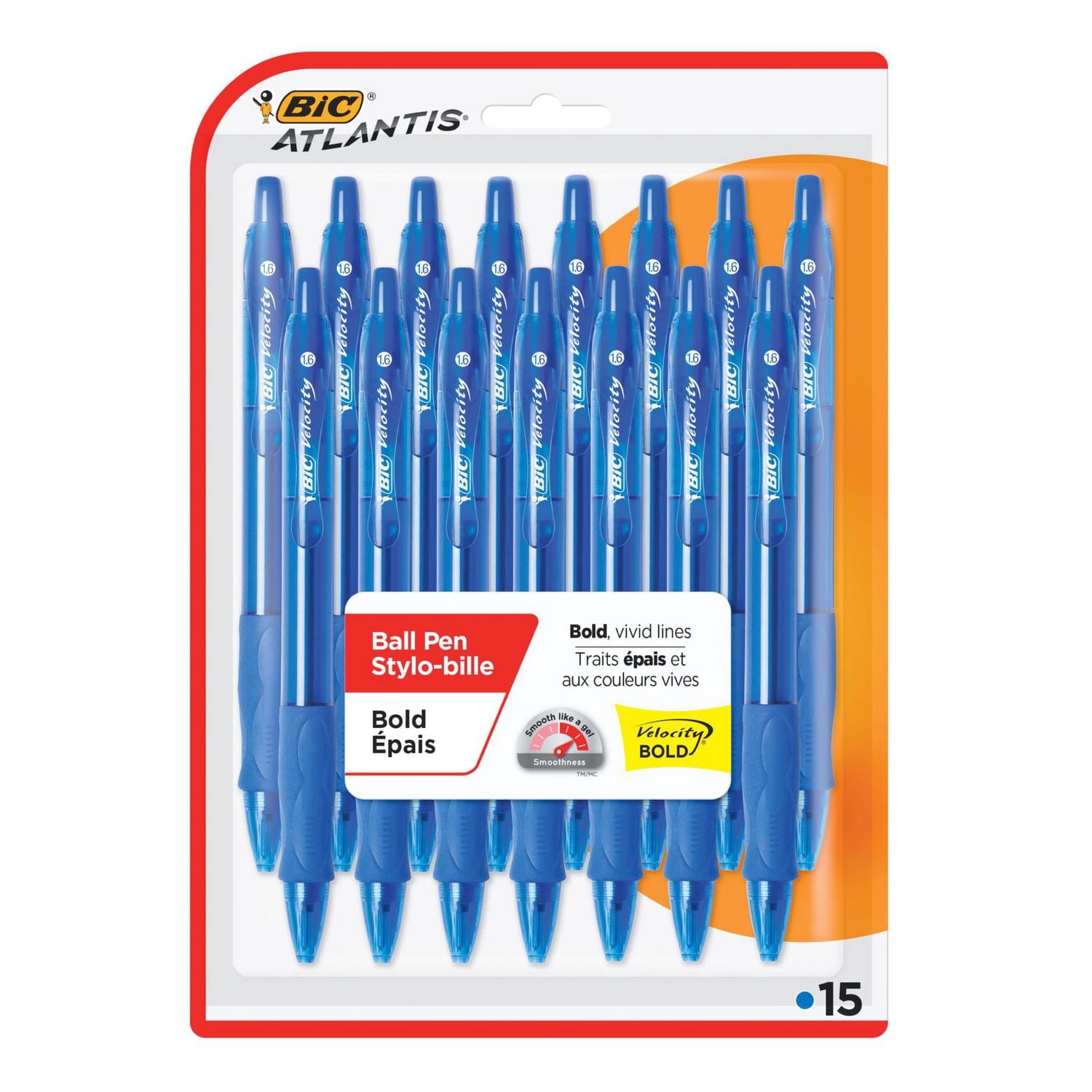 BIC Velocity Retractable Ball Pen, Medium Point, Blue Ink, 15-Count, Contoured Grip for Comfort and Control