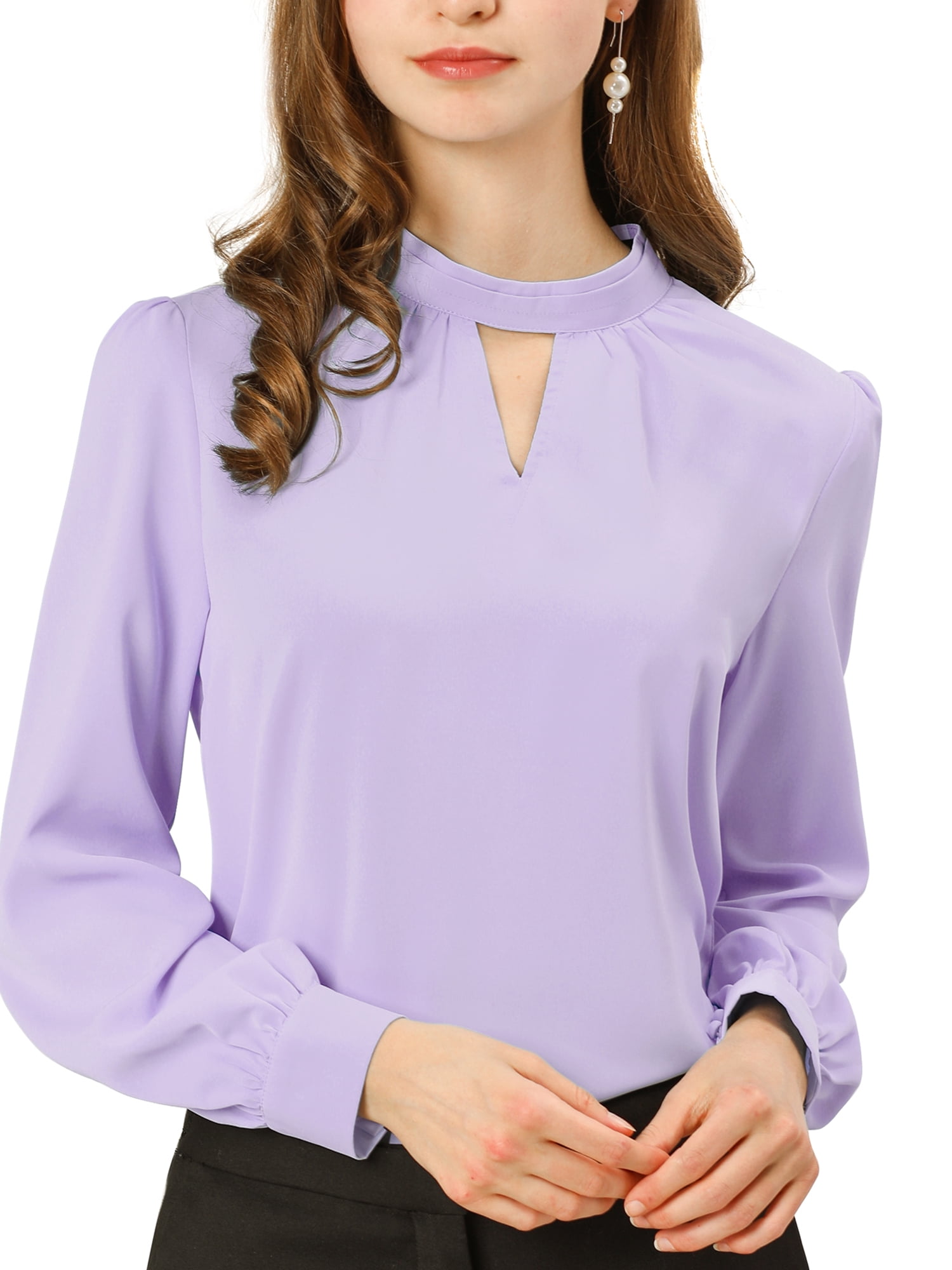 INSPIRE CHIC Women's Keyhole Stand Collar Pleated Back Button Blouse Tops
