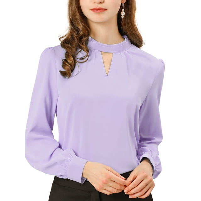 INSPIRE CHIC Women's Keyhole Stand Collar Pleated Back Button Blouse Tops