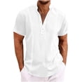 thumbnail image 1 of JIUKE Mens T-Shirts Cotton Linen Shirts Short Sleeve V Neck Buttons Stand Collared Top Summer Solid Color Tees, 1 of 6