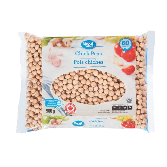 Great Value Chick Peas 900 g bag displaying light brown dried chickpeas through a clear window. The packaging highlights it as a very high source of fibre and an excellent source of iron, folate, and magnesium, with a 60-minute cooking time. It includes bilingual English and French text and a Canadian product logo, ideal for pantry food and dried legumes.