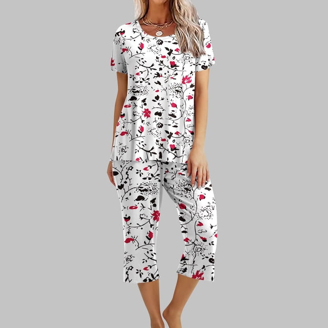 Ensemble de Pyjama pour Femmes à Col Rond Imprimé, Manches Courtes, Chemise de Nuit et Pantalon, Tenue d'Intérieur avec Poches
