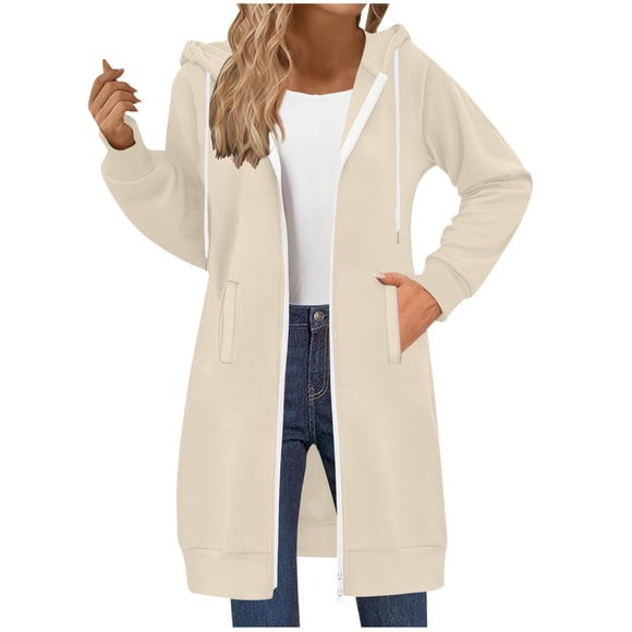 aohooy Long Hoodie Jacket Women Fleece Zippered Casual Jacket Fall Tunic Coats Oversized Hooded Sweatshirt with Pockets 2025 Beige,S