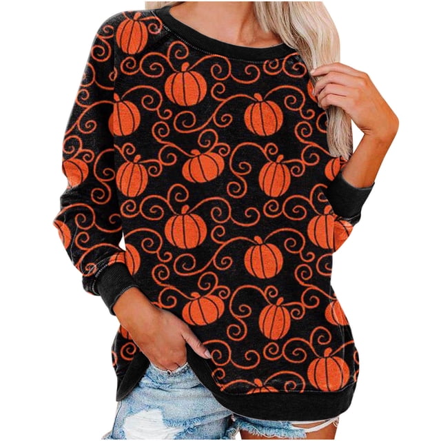 Chandails d'Halloween pour Femmes à Manches Longues Femmes Décontracté Manches Longues Col Rond Hauts Chemises Amples Blouse Chandail à Imprimé d'Halloween Graphique