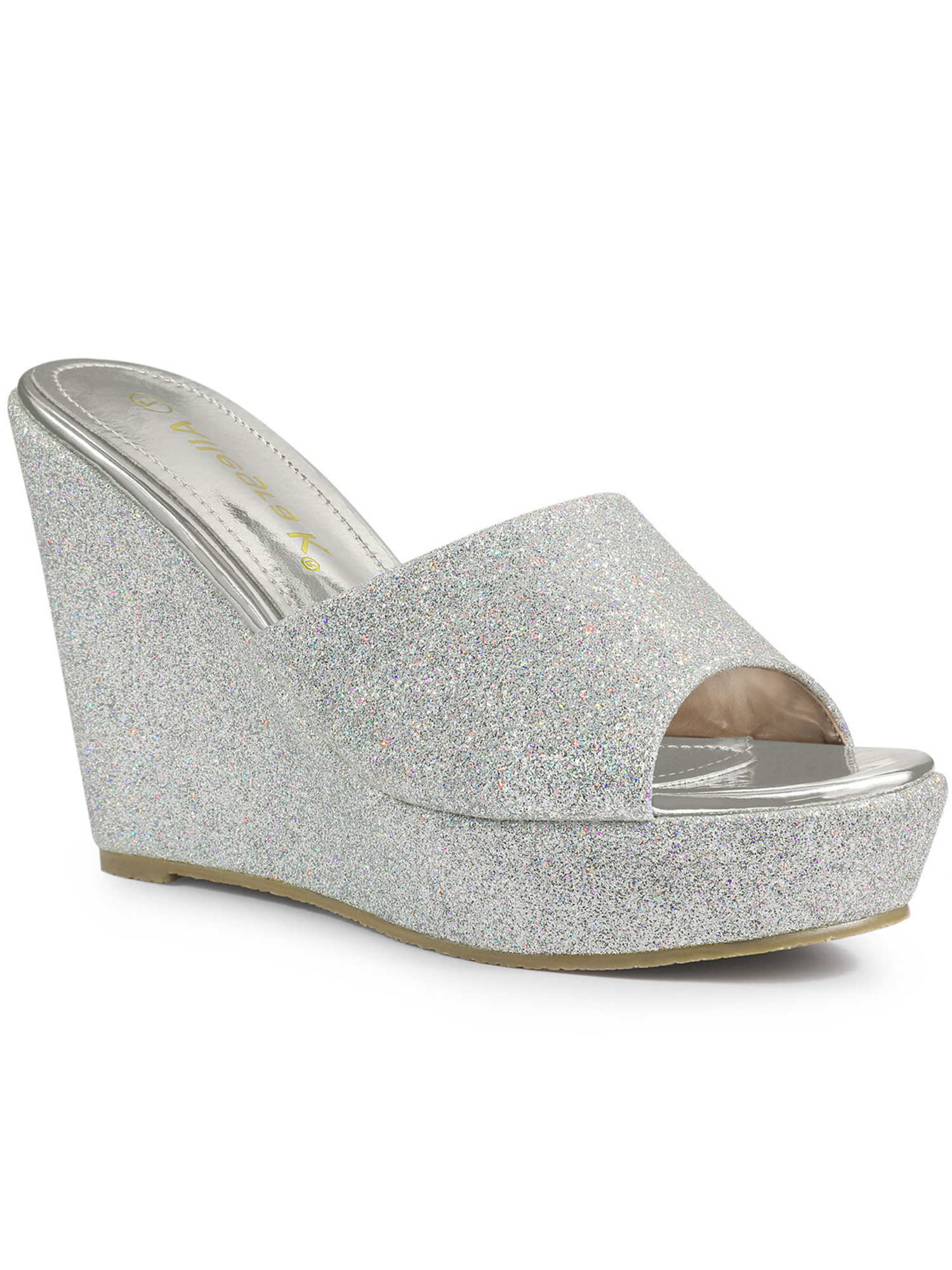 BLISSFUL STEP Women's Glitter Wedge Slide Sandals Open Toe Platform Mules Silver 9.5