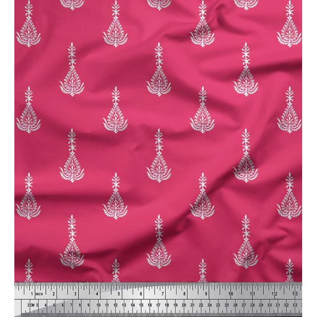 Soimoi Modal Satin Fabric Leaves & Floral Block Print Sewing Fabric Yard 42 Inch Wide