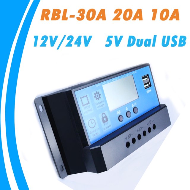 LCD 12/24V 10/20/30A Régulateur de Charge Solaire Charge Solaire Intelligente Minuterie PWM USB
