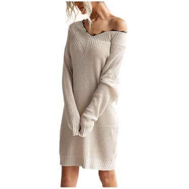 CEHVOM Women Mid-Length Solid Color V-neck Lace Stitching Pullover Sweater Loose Sweater Dress