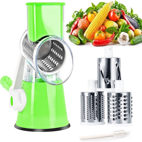 DEBGFS Rotary Cheese Grater Manual Cheese Grater with Handle 3 Interchangeable Stainless Steel Blades Cheese Shredder Strong Suction Base Cheese Graters for Vegetables Cheese and Nuts (,Green