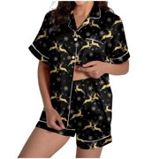 GDREDA Women's Pajama Set Ladies' Christmas Reindeer Print Silk Satin Short Sleeved Button Up Pajamas Set Women Pajama Sets pyjamas Gold,S