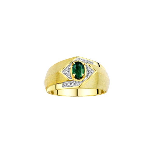 RYLOS Mens Rings Yellow Gold Plated Silver Ring 6X4MM Oval Shape Gemstone & Diamond Ring Green Sapphire Birthstone Rings For Man Silver Rings, Size 9