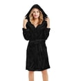 thumbnail image 1 of Womens Plush Fleece Bathrobe with Eye Mask Warm Fleece Hooded Robes Soft Knee Length Spa Robe Fuzzy Sleepwear Pockets Black, S, 1 of 7