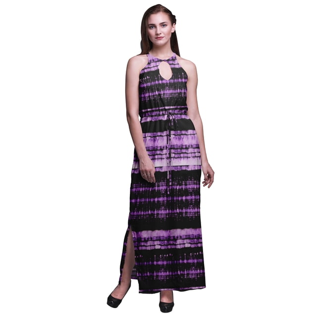 Bimba Tie-Dye Ladies Crew Neck Waist String Print Maxi Dress with Side Slits Summer Wear-Medium